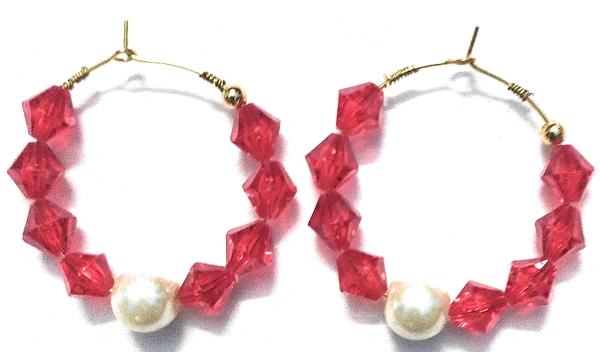 NIBRAS Red Tyre-Cut Crystal Pearl Hoop Earrings - B09JM7B24J, 7 gm, 4.5cm x 4.5cm x 1cm
